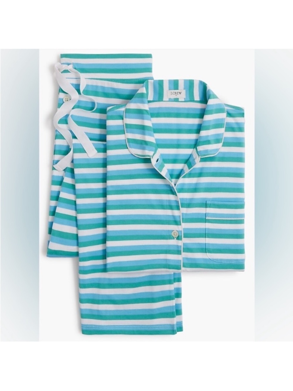 J. Crew Women's Long Sleeve Knit Pajama Set in Teal Whisper Mult, Size Medium